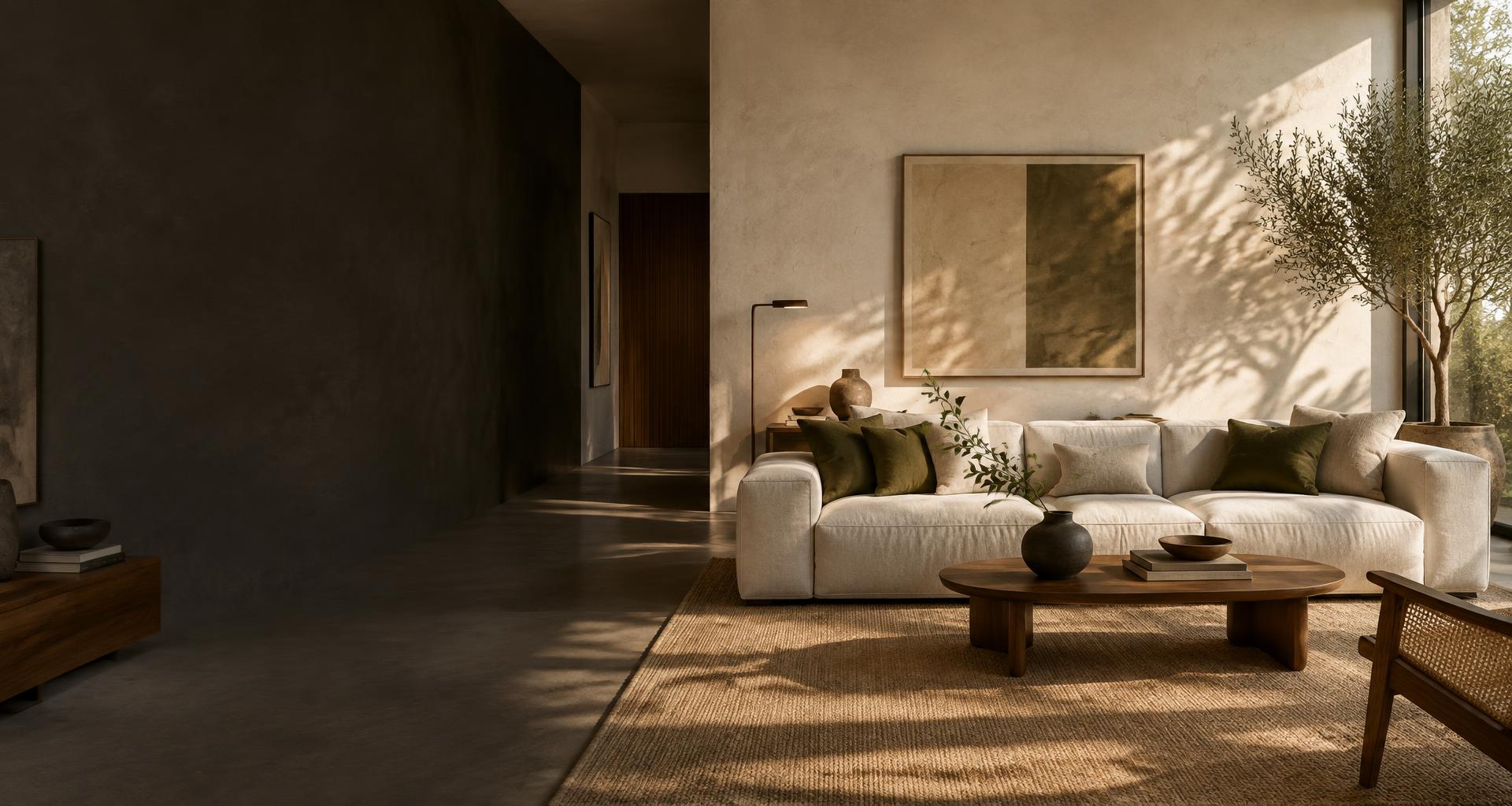Sofá de linho de alto padrão em uma sala elegante e acolhedora